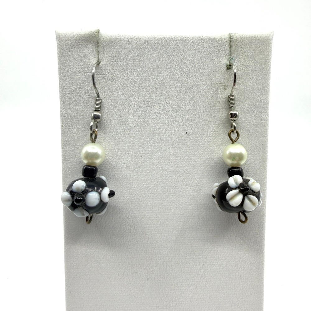 Boho Chic Black & White Spotted Bead Dangle Earrings with Faux Pearl Accent